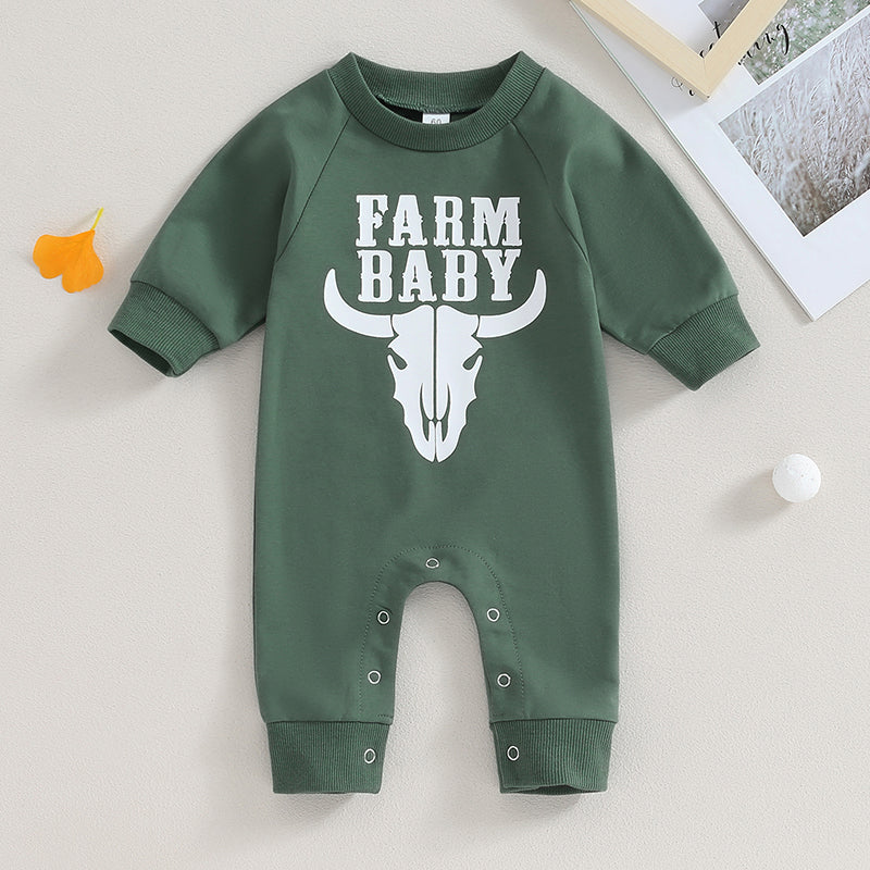 0-12M Newborn Baby Boy Sweatshirt Rompers-Bull Head Letter Print, Long Sleeve Jumpsuit
