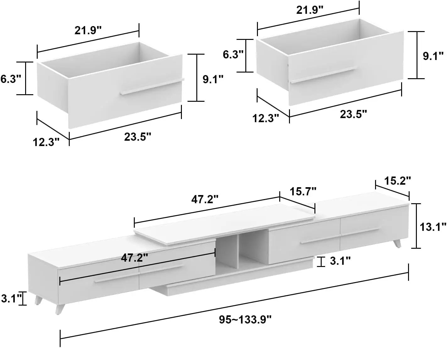 Extendable Media Console, Adjustable Length with Drawers and Legs