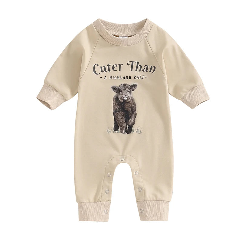 0-12M Newborn Baby Boy Sweatshirt Rompers-Bull Head Letter Print, Long Sleeve Jumpsuit