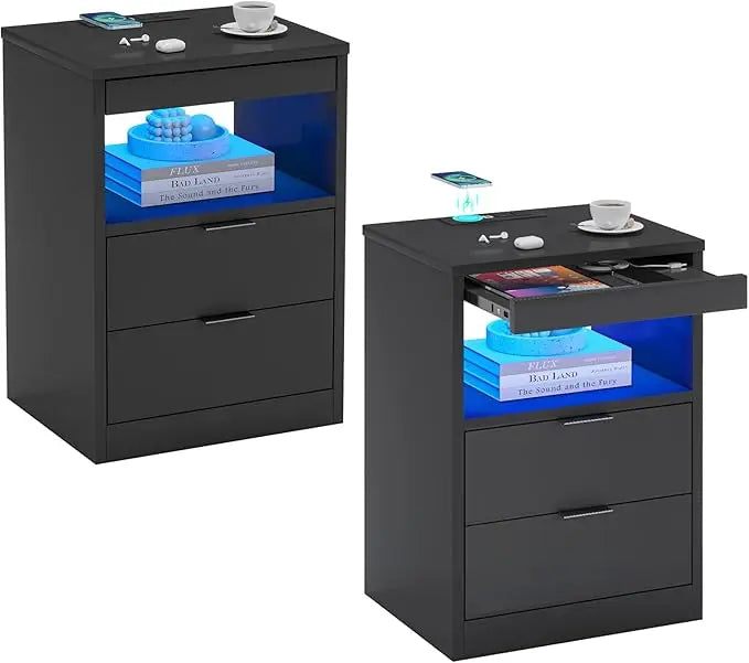 Set of 2 Night Stand with Wireless Charging Station and LED Lights with Pull-Out Shelves