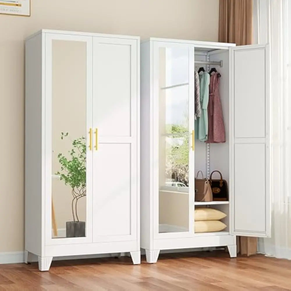 71"Metal Armoire Wardrobe w/2 Mirror Door, with Adjustable Shelves and Hanging Rod