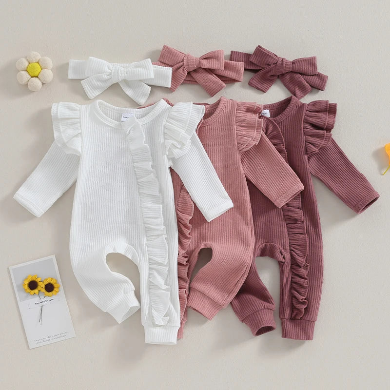 0-12M Baby Girl Ruffle Zipper Romper, Long Sleeve Jumpsuit