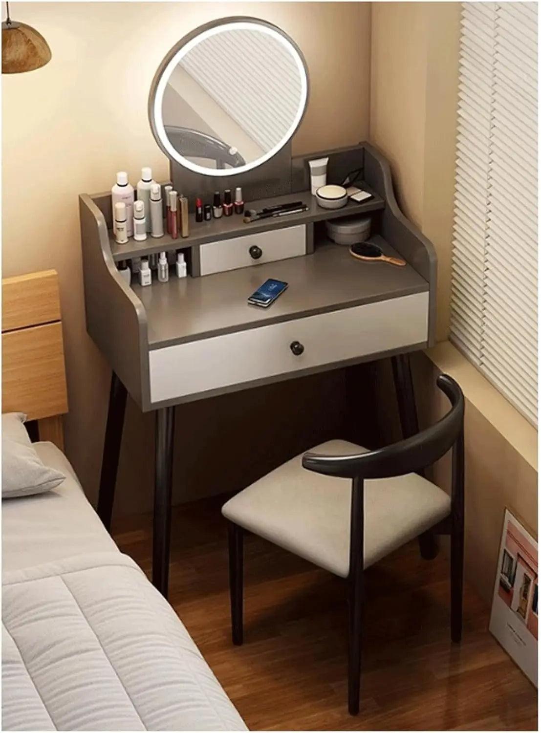 Vanity Desk with Round Mirror and Lights, with Drawers