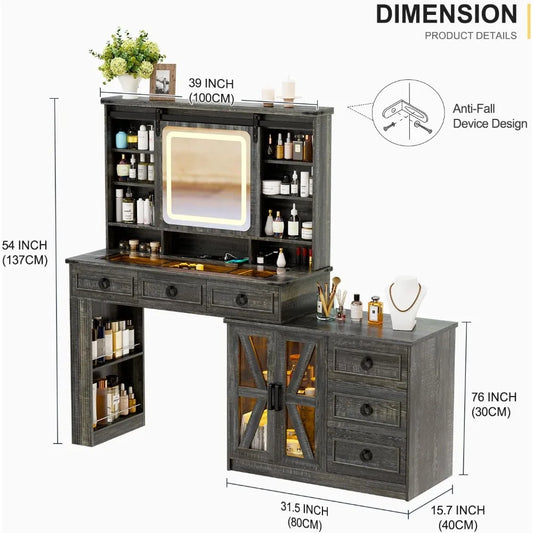 Vanity Desk with Sliding Mirror and Lights with Jewelry Storage