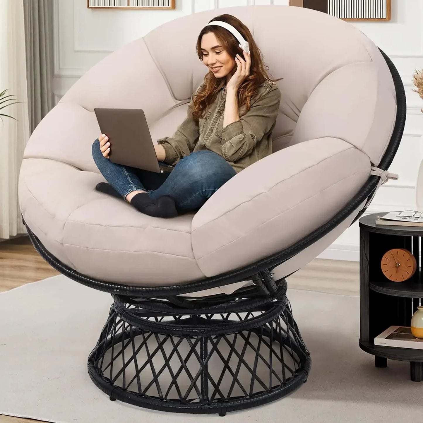Oversized Rattan Papasan Chair with Cushion and Frame for Adults,