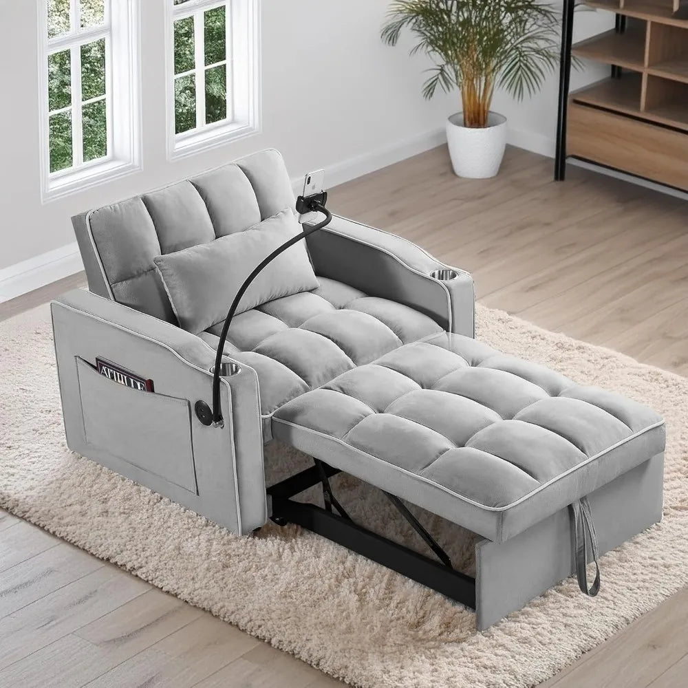 3 in 1 Convertible Sleeper Chair Bed with USB Ports, Cup Holder and Phone Stand