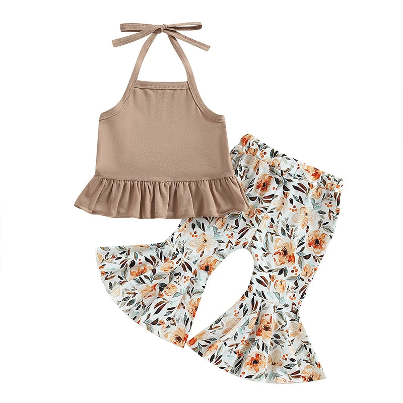 6-24M 2Pcs Baby Girls Summer Clothing Set, Lacing Halterneck Vest with Flower Print Flare Pants