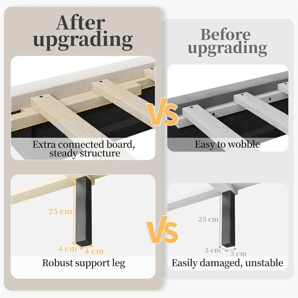 Upholstered Platform Bed with Wing Side/Wooden Slat Support/Tufted Headboard