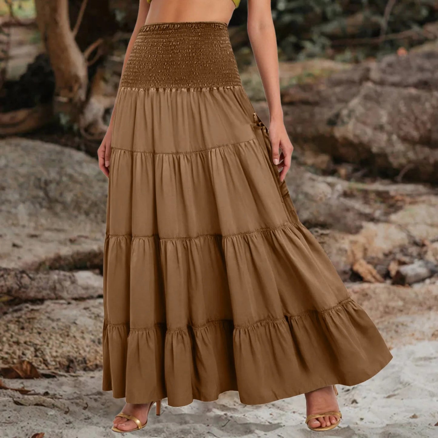 Boho Tiered A-Line Skirt, Pockets, Patchwork, Elastic Waist, Vintage Hippie/Gypsy Maxi Skirt