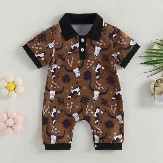 0-18 mo Infant Baby Boys Jumpsuit, Casual Head Print, Short Sleeve Romper