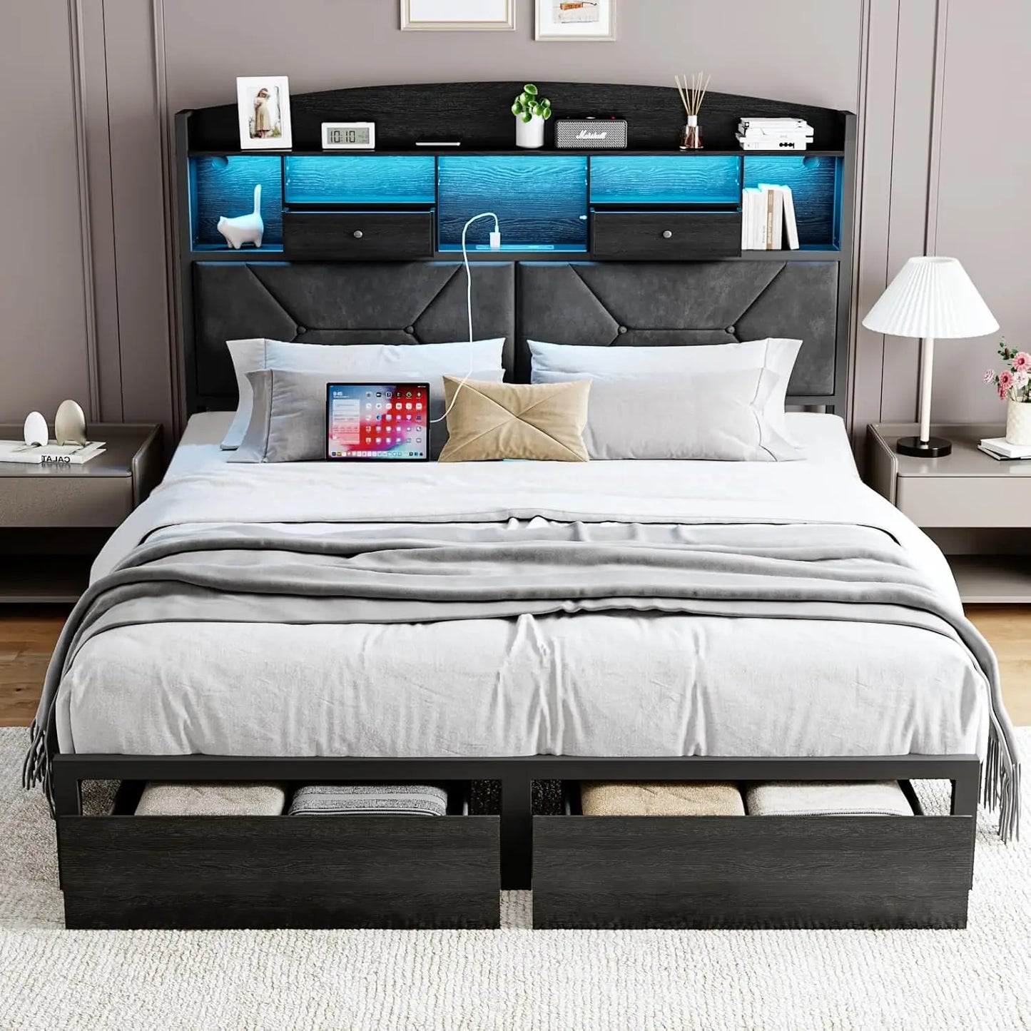 Full Size Bed Frame with 4 Storage, Velvet Upholstered with Button Tufted Headboard Led Lights
