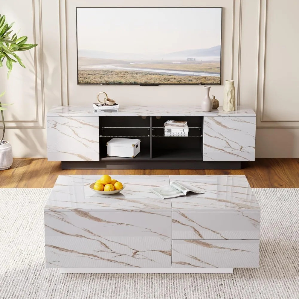 LED Coffee Table, 43" UV High Gloss Table with 2 Drawers & Hidden Storage Compartment & Open Compartments