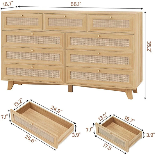 9 Drawer Dresser with Natural Rattan Drawers