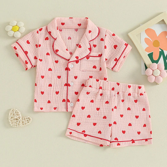 6MO-4T Girl Valentine‘s Day Heart Button Down Short Sleeve Sleepwear Loungewear Pjs Set