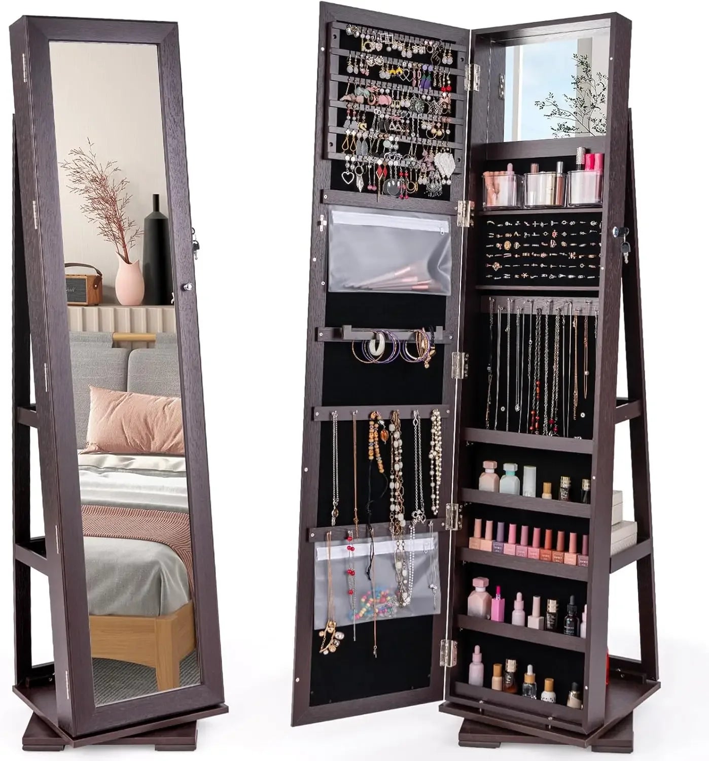360° Swivel Jewelry Armoire with Higher Full Length Mirror, Standing Lockable Jewelry Cabinet Organizer with Large Storage