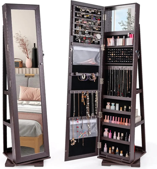 360° Swivel Jewelry Armoire with Higher Full Length Mirror, Standing Lockable Jewelry Cabinet Organizer with Large Storage