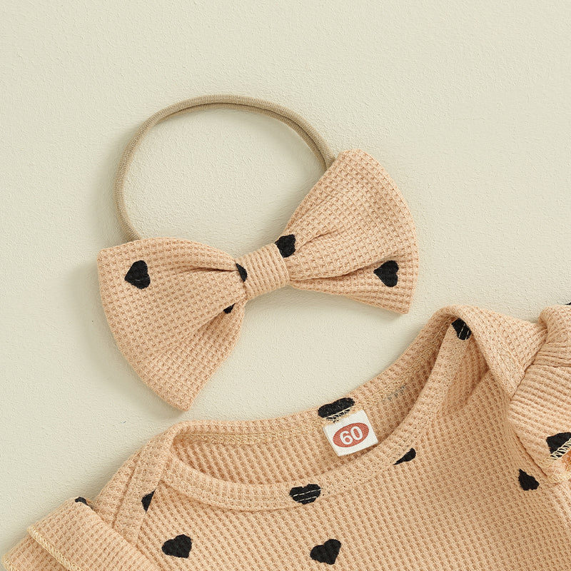 3-24MO Baby Girl Set Waffle Knit, Heart Long Sleeve Romper Pants Headband
