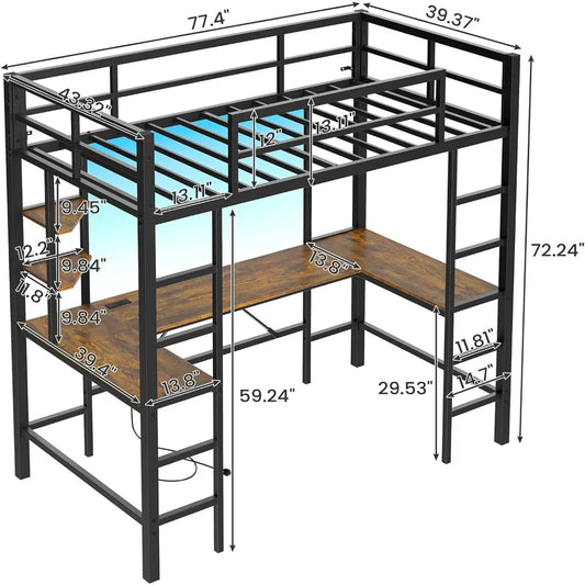 Twin Size Loft Bed with U Shaped Desk and Led Lights, Charging Station and Storage Shelves