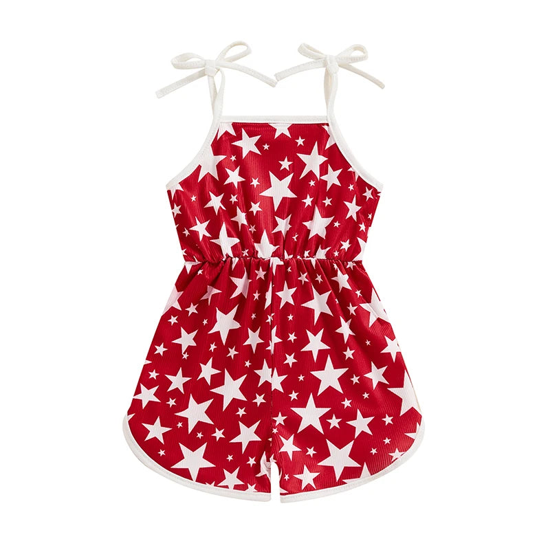 18MO-5T Girls Jumpsuit Tie-up Spaghetti Straps Stars Print Romper 4th of July