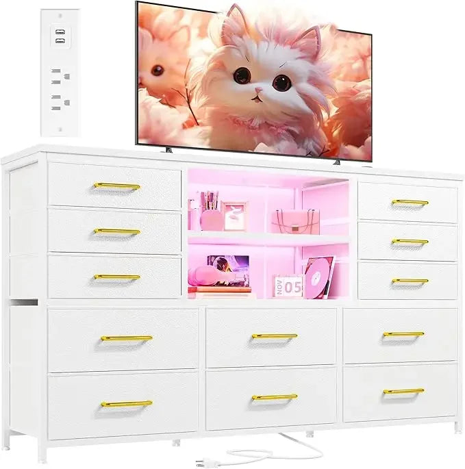 12 Drawers Dresser with LED Lights & Power Outlets, Stand for 60''TV