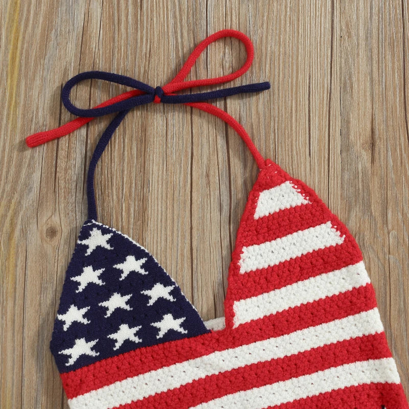 2Pc 2T-6T Toddler Girl Independence Day Summer Set, Knit Vest Top Denim Shorts