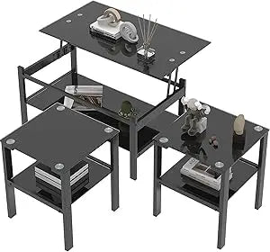 3 Piece Black Glass Table Set, Including 1 Coffee Table and 2 End Side Tables
