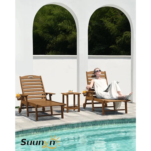 Set of 2, Outdoor Chaise Lounge with 6-Position with Wheels & Cup Holder