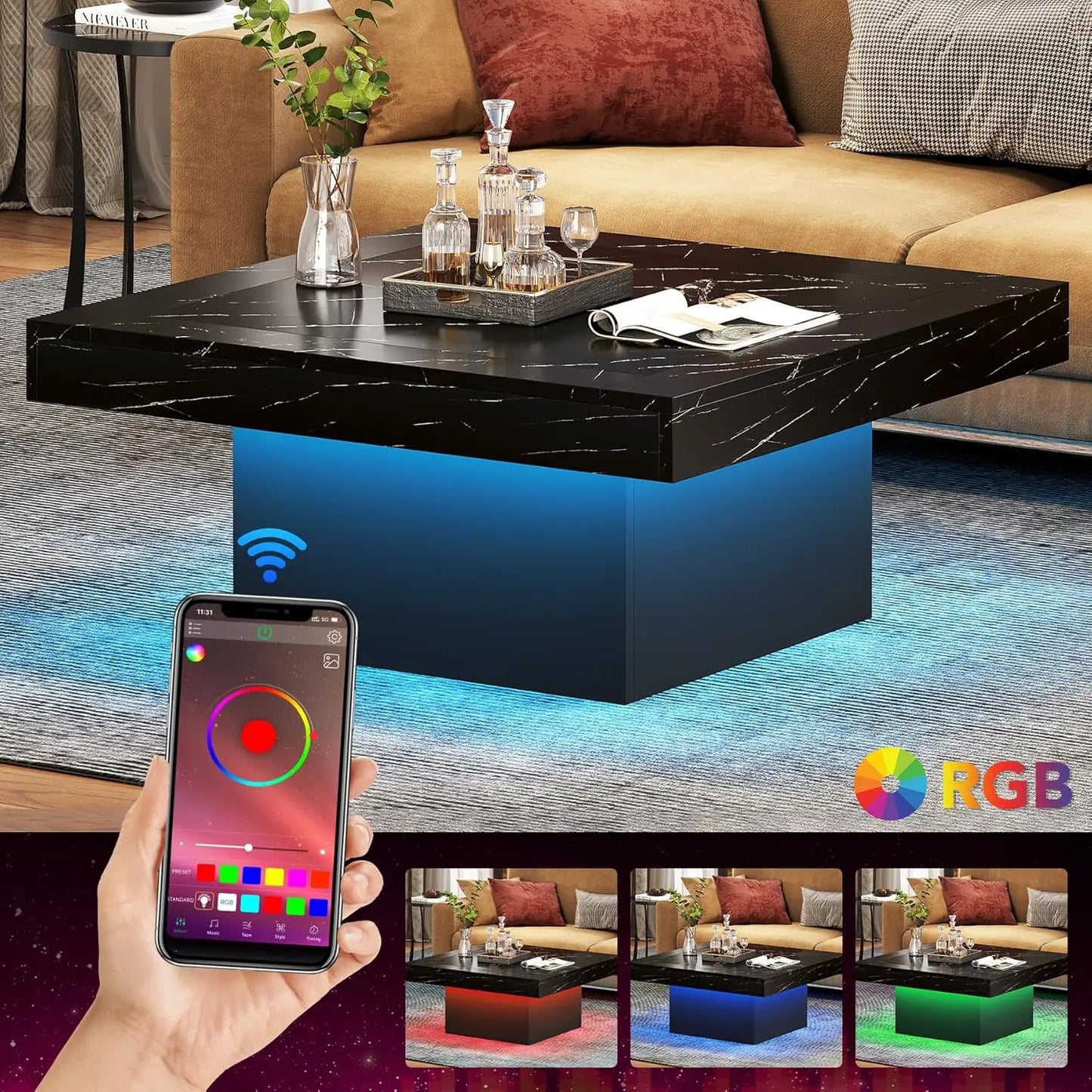 Square LED Coffee Table Engineered Wood