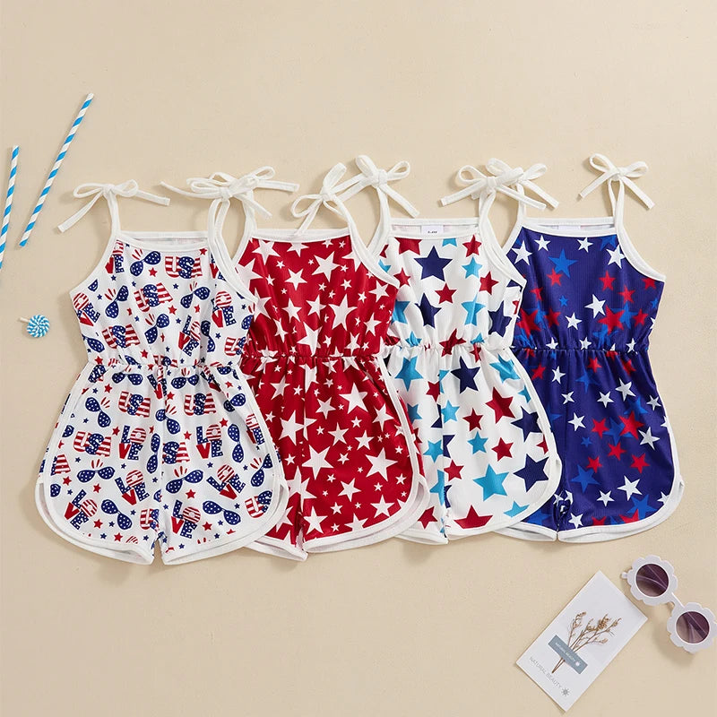 18MO-5T Girls Jumpsuit Tie-up Spaghetti Straps Stars Print Romper 4th of July