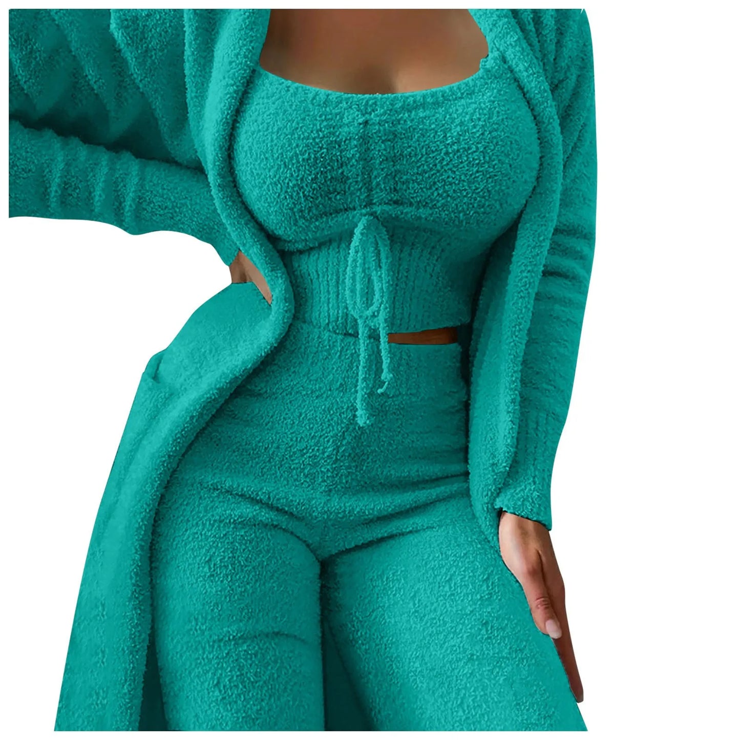 Women'S Fleece 3 Pc Loungewear, Spaghetti Strap Crop Tank, Wide Long Pants, Fuzzy Kimono ,