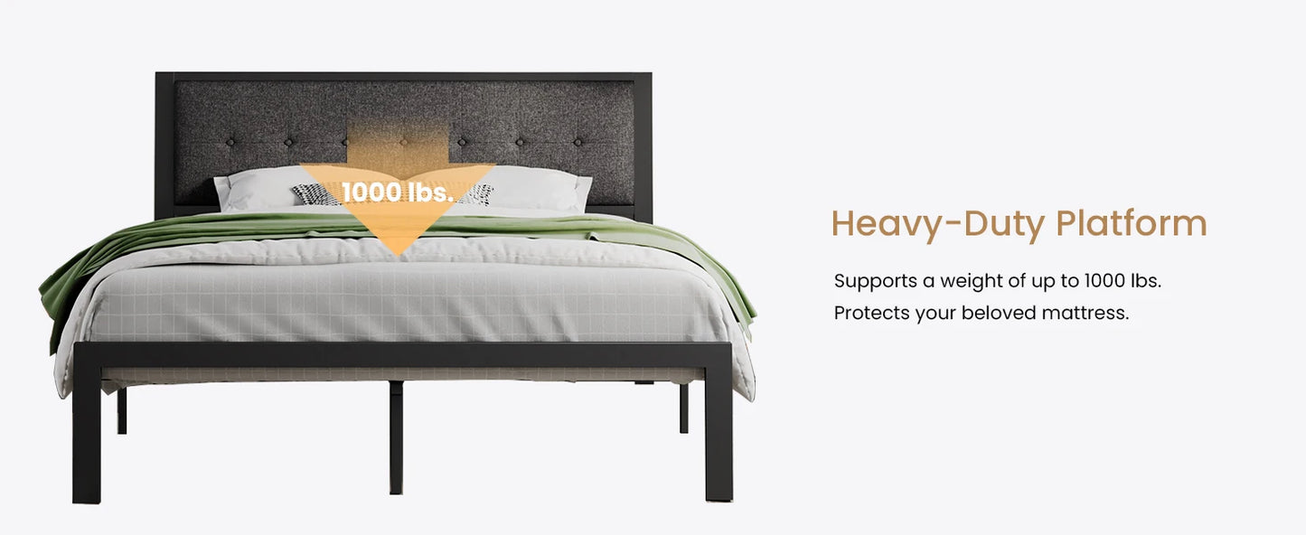 King Size Platform Bed Frame with Upholstered Headboard, Metal Slats Support, Noise Free