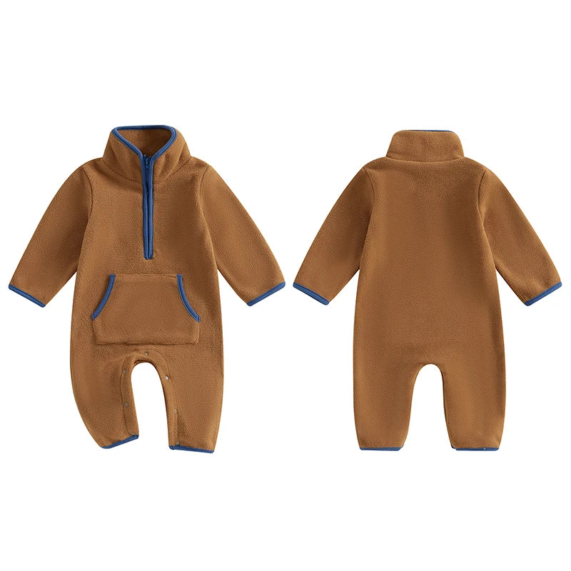 3-12M Autumn Winter Baby Boys Fleece Romper, Long Sleeve, Stand Collar, Pockets