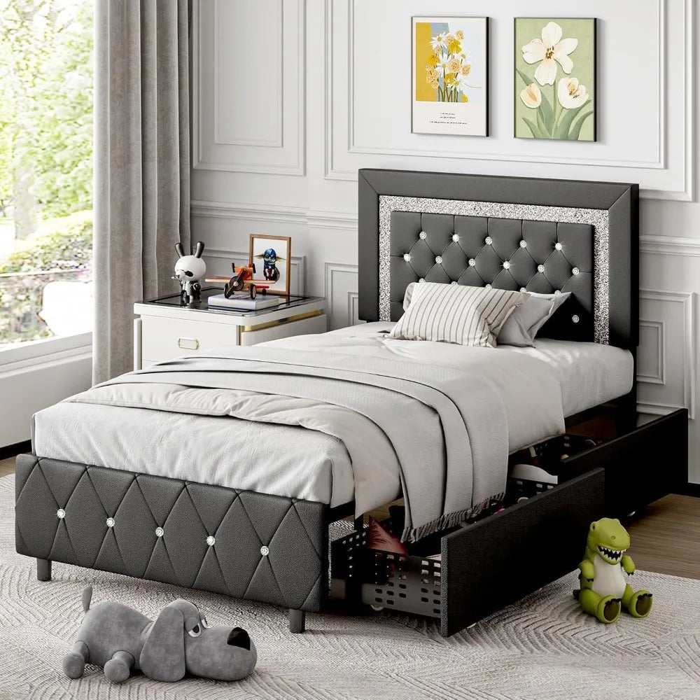 Faux Leather Upholstered Bed Frame with Diamond Headboard, LED Lights and Storage Drawers,