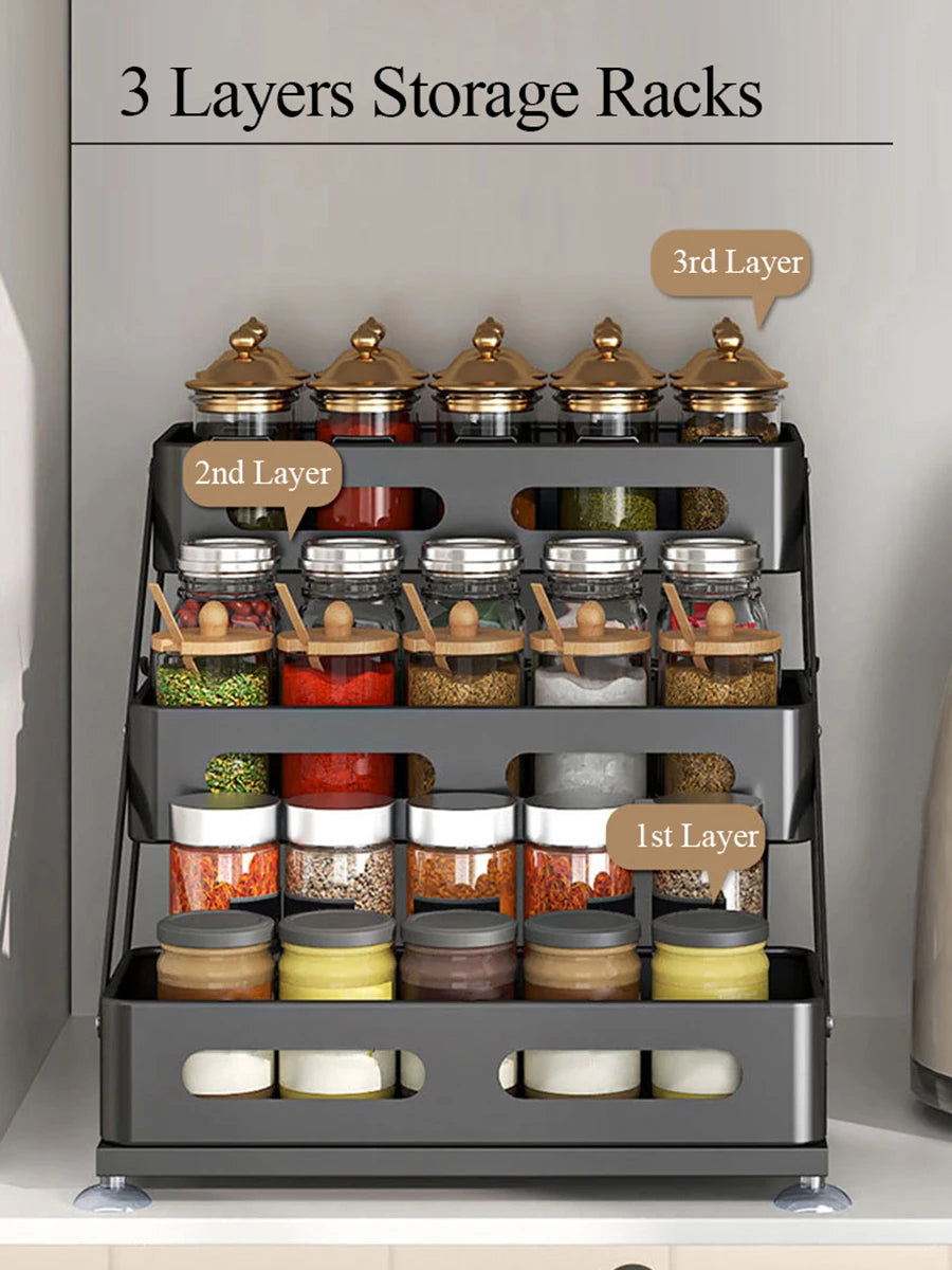 3-Layer Carbon Steel Kitchen Spice Rack Adjustable Height