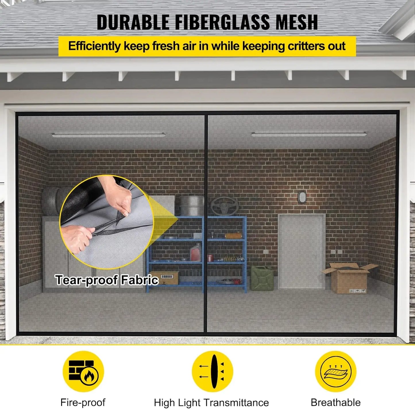 Garage Door Screen, 18 x 7 ft for 2 Cars, 5.8 lbs Heavy-Duty Fiberglass Mesh for Quick Entry with Self Sealing Magnet &Weighted