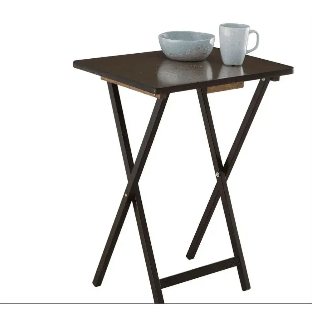 Folding TV Table Set 5 Tables 1 Rack Stand Walnut Rubberwood Tray Table 26"