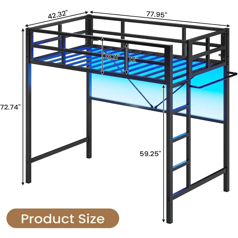 Twin Loft Bed with LED Lights, with Full-Length Guardrail, Clothes Rack