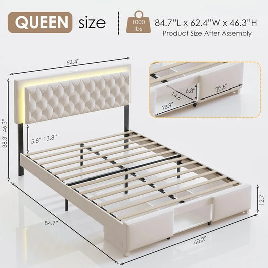 Queen Size Bed Frame with Storage, LED, Adjustable Headboard, Upholstered Velvet