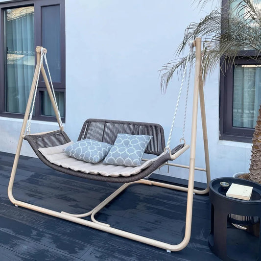 2 Seat Porch Swing Outdoor Hand-Woven Rattan Bench Glider (khaki or gray