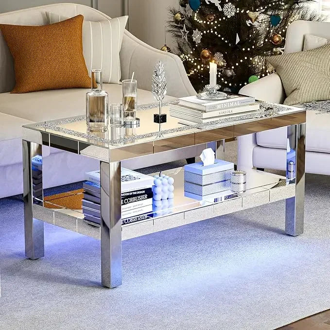 2 Tier Mirrored Coffee Table with Mirror Crystal Board
