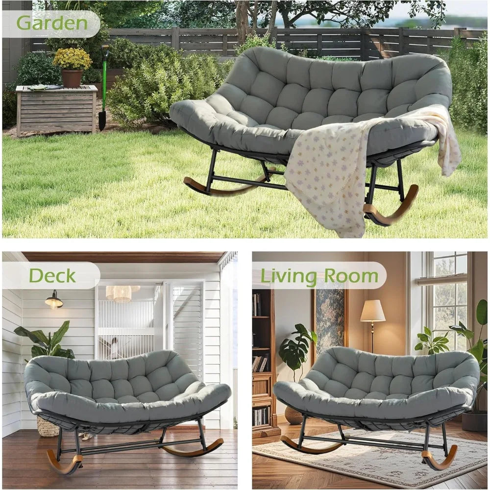 Double Papasan Patio Rocking Chair with Thick Cushions, 660LBS Capacity