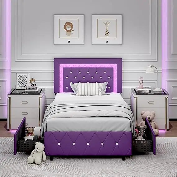 Faux Leather Upholstered Bed Frame with Diamond Headboard, LED Lights and Storage Drawers,