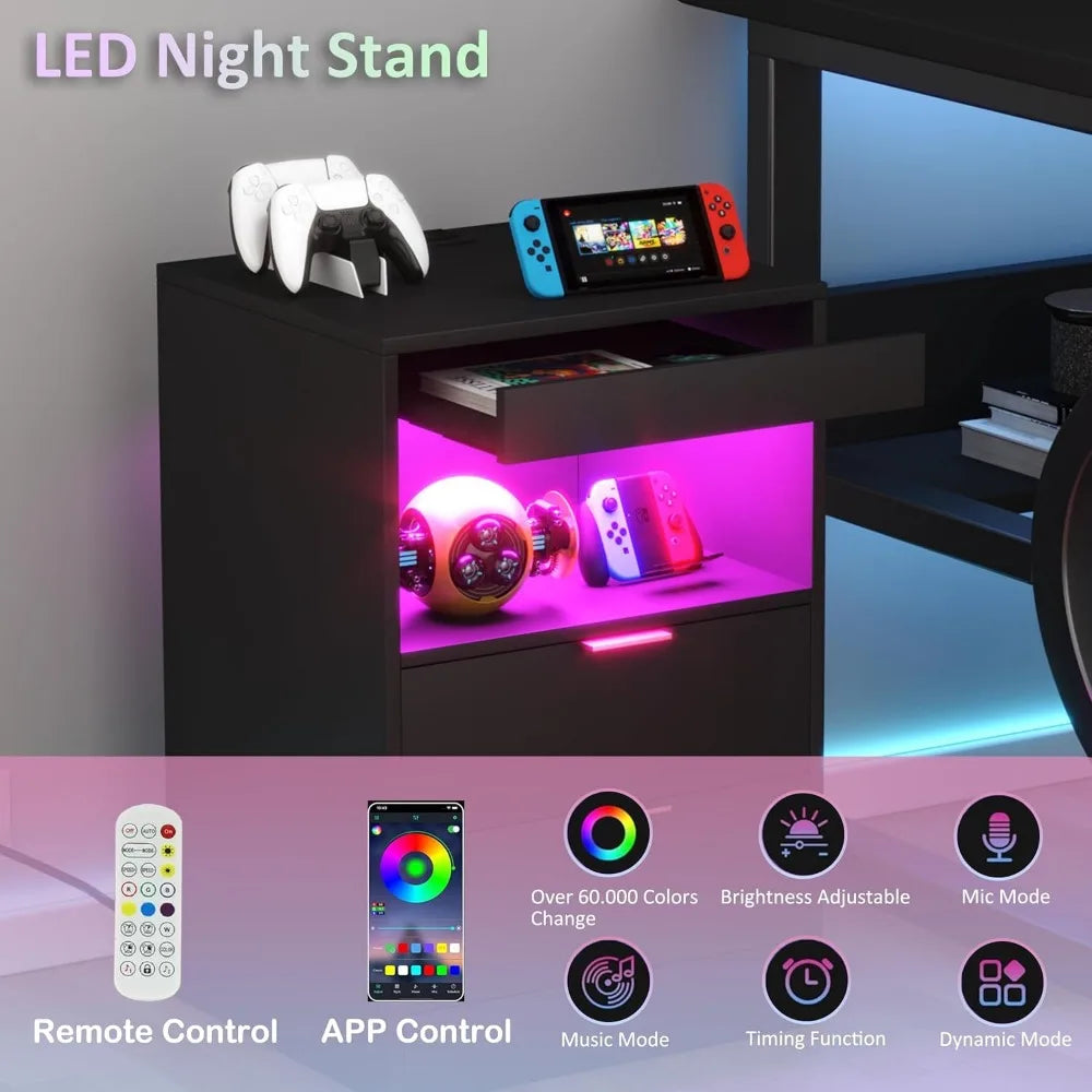 LED Side stand with Charging Station, with 2 Pull-out drawers and Pull-out Shelf