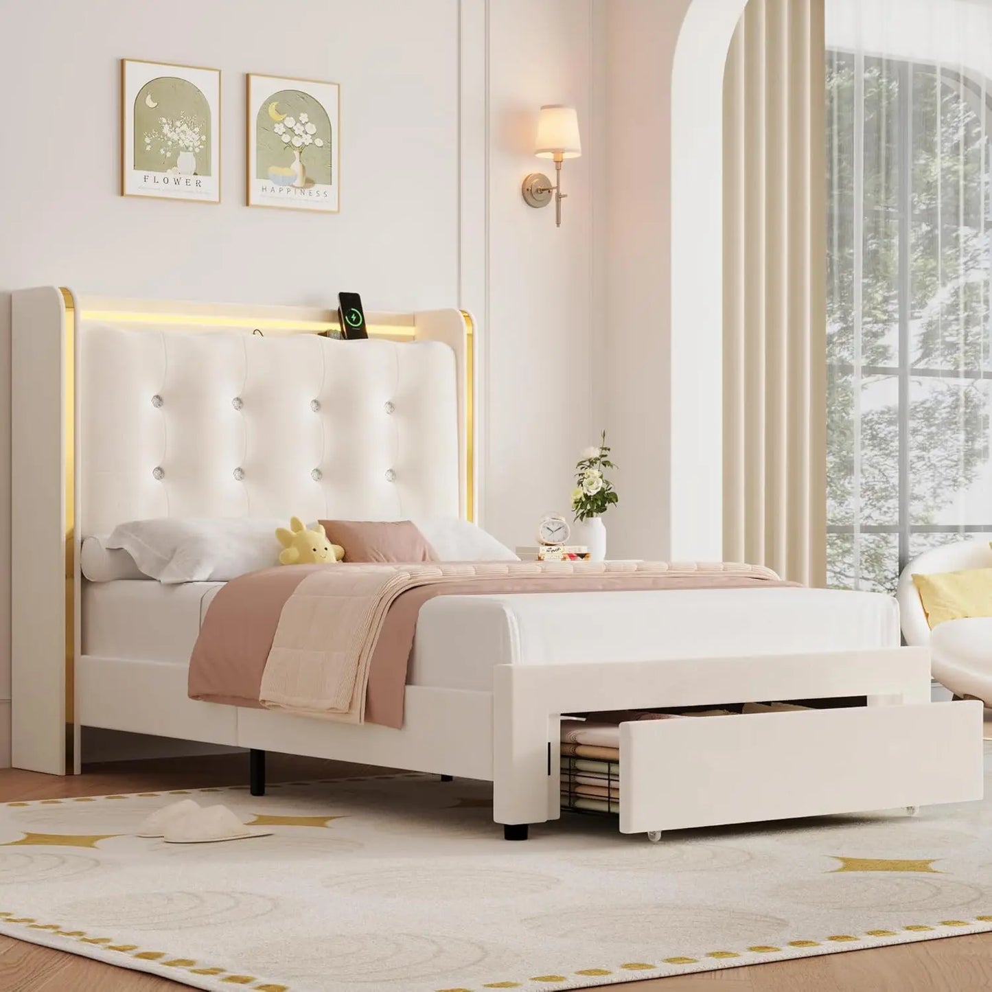 Upholstered Full LED Bed Frame with Charging Station and Storage Drawers, Platform Bed Frames