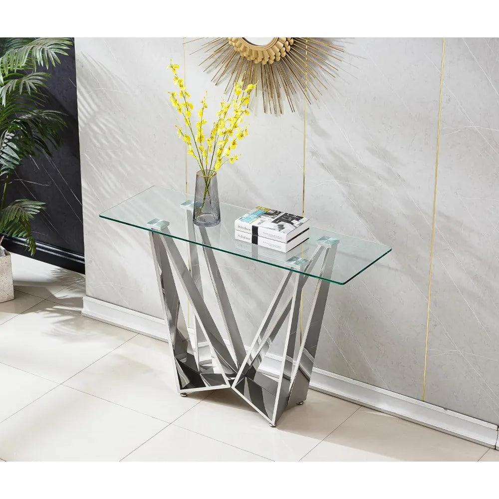 47 inch Glass Console Table with Stainless Steel Frame