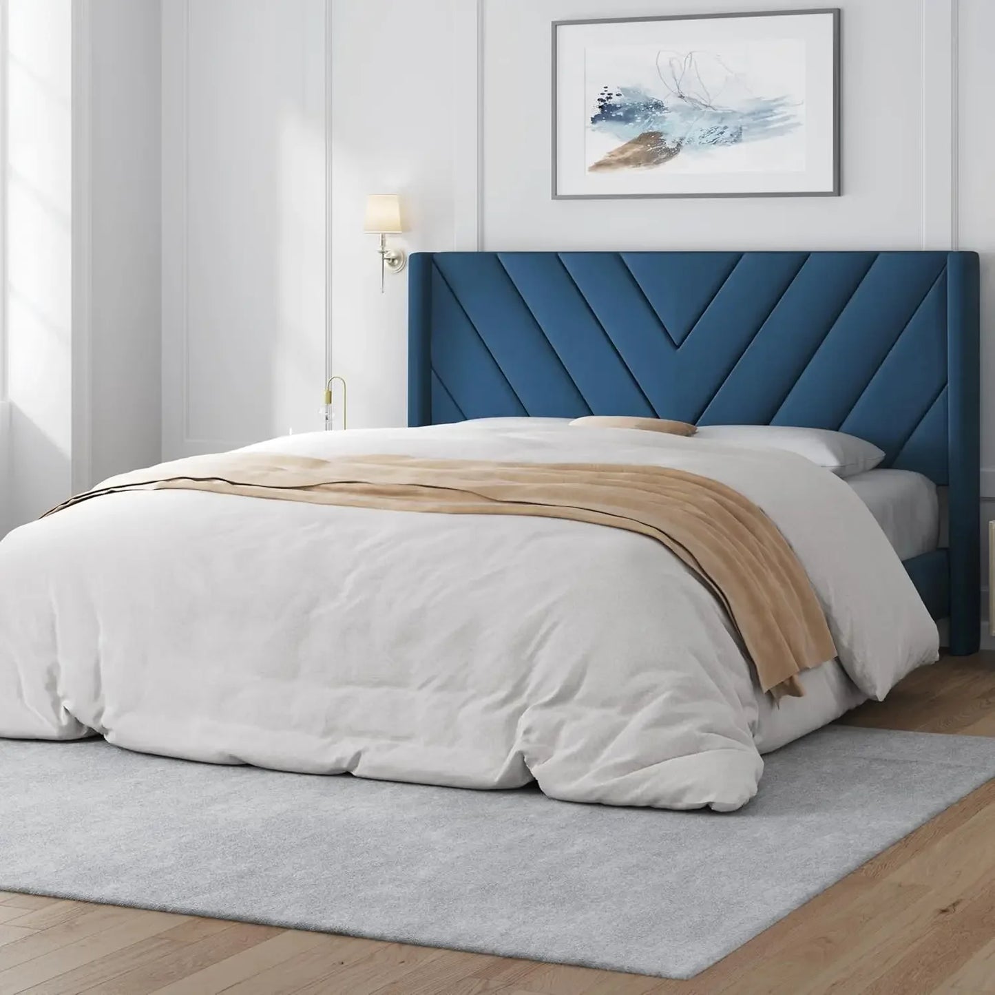 Upholstered Platform Bed with Wing Side/Wooden Slat Support/Tufted Headboard