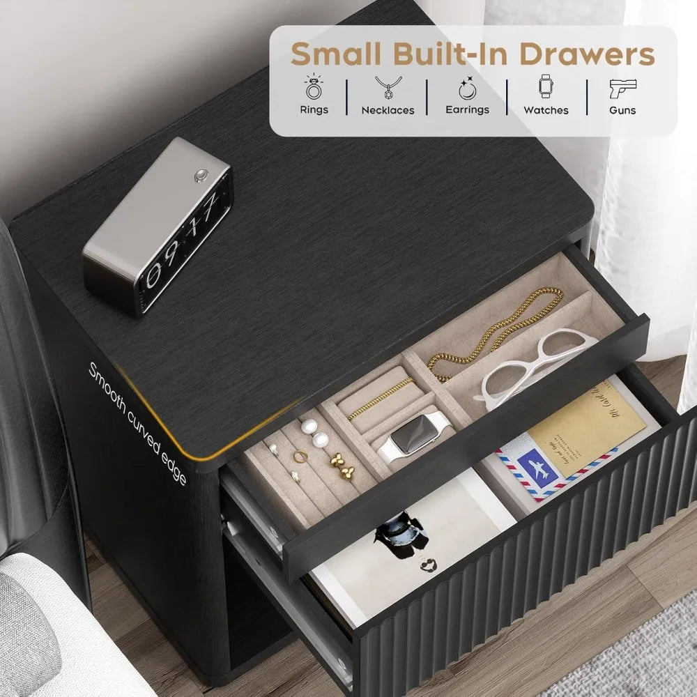 Set of 2, 22.8" W Nightstand with Hidden Drawers and Open Shelves