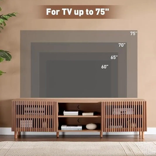 70" TV Stand for TV up to 75", Slatted Entertainment Center with Storage and Open Shelves