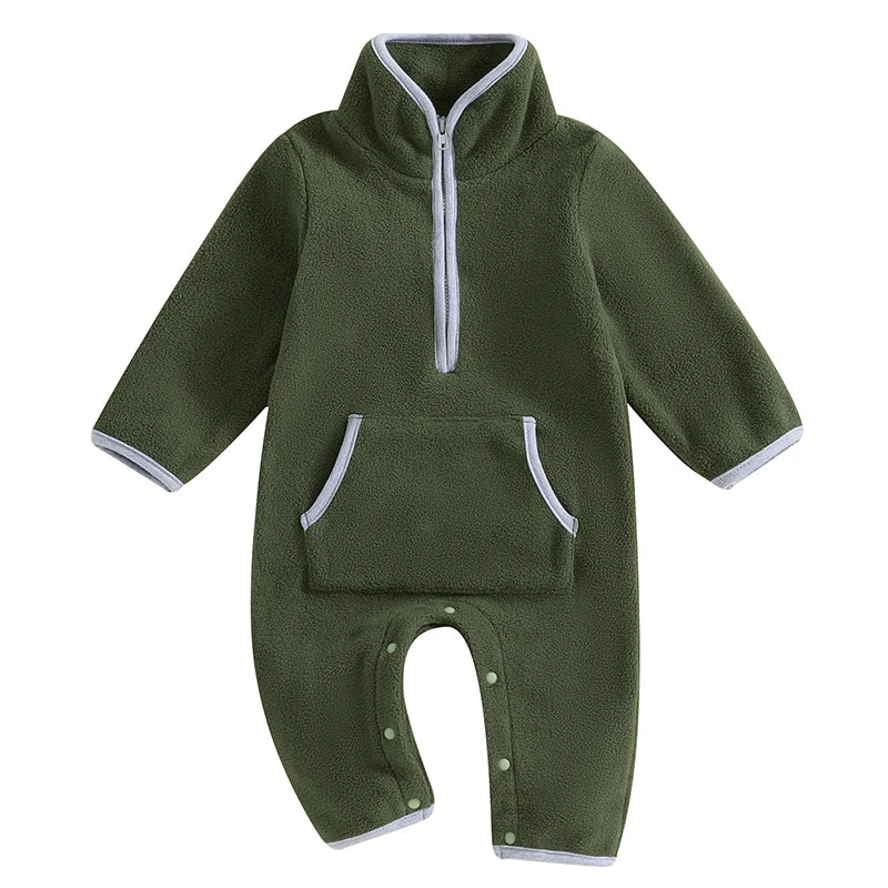 3-12M Autumn Winter Baby Boys Fleece Romper, Long Sleeve, Stand Collar, Pockets