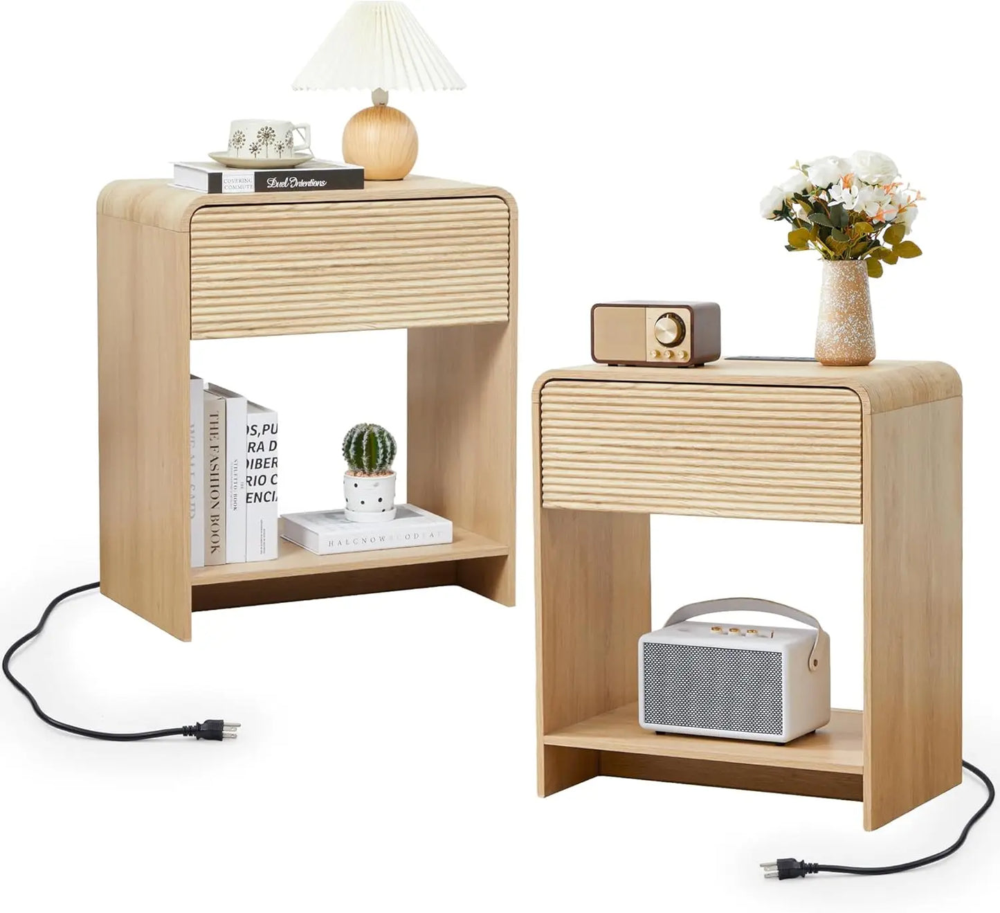 Set of 2, Nightstands with Charging Station, Drawer Storage